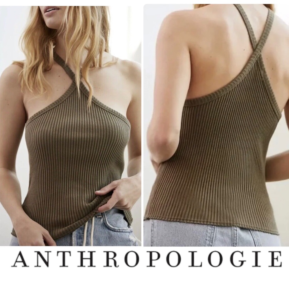 NWT Anthropologie T.La Ribbed Halter Tank Top Moss
